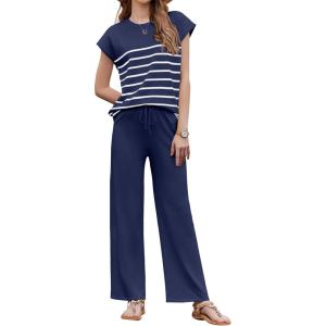 imageEkouaer Striped Lounge Set 2 Piece Sweater Matching Outfits Travel Knit Clothing Sets for WomenNavy Blue