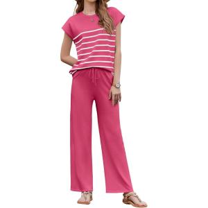 imageEkouaer Striped Lounge Set 2 Piece Sweater Matching Outfits Travel Knit Clothing Sets for WomenRose Red