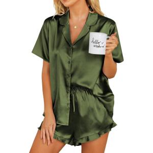 imageEkouaer Womens Silk Pajamas Set Button Down 2 Piece Satin Pjs Shorts Set Ruffle Notch Collar SleepwearArmy Green