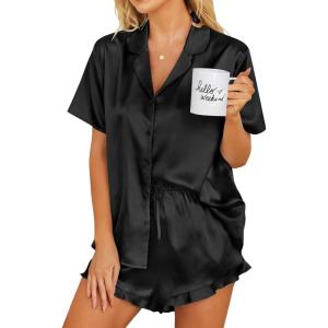 imageEkouaer Womens Silk Pajamas Set Button Down 2 Piece Satin Pjs Shorts Set Ruffle Notch Collar SleepwearBlack