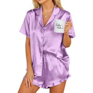imageEkouaer Womens Silk Pajamas Set Button Down 2 Piece Satin Pjs Shorts Set Ruffle Notch Collar SleepwearLavender