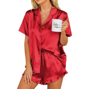 imageEkouaer Womens Silk Pajamas Set Button Down 2 Piece Satin Pjs Shorts Set Ruffle Notch Collar SleepwearRed
