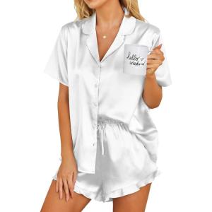 imageEkouaer Womens Silk Pajamas Set Button Down 2 Piece Satin Pjs Shorts Set Ruffle Notch Collar SleepwearWhite