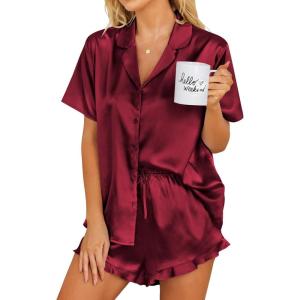 imageEkouaer Womens Silk Pajamas Set Button Down 2 Piece Satin Pjs Shorts Set Ruffle Notch Collar SleepwearWind Red