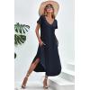 imageEkouaer Nightgowns for Women V Neck Nightshirts Short Sleeve Soft Sleepwear Side Split Pockets Long NightdressNavy