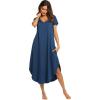 imageEkouaer Nightgowns for Women V Neck Nightshirts Short Sleeve Soft Sleepwear Side Split Pockets Long NightdressNavy Blue