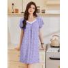 imageEkouaer Womens Nightgown Lace Trim Sleep Shirt Flare Short Sleeve Nightshirt Pleated Nightdress V Neck Pajama DressPurple Floral