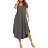 imageEkouaer Nightgowns for Women V Neck Nightshirts Short Sleeve Soft Sleepwear Side Split Pockets Long NightdressDark Grey