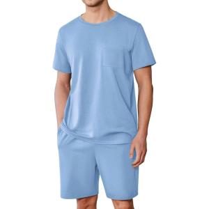 imageEkouaer Mens Pajamas Set Cotton Short Sleeve Sleepwear 2 Piece Pj Sets for Men Soft Nightwear with Pockets SXXLLight Blue