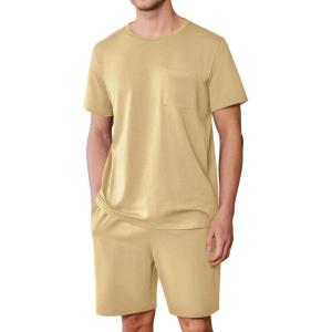 imageEkouaer Mens Pajamas Set Cotton Short Sleeve Sleepwear 2 Piece Pj Sets for Men Soft Nightwear with Pockets SXXLLight Khaki