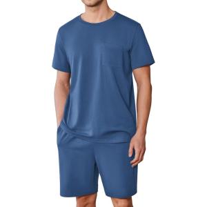 imageEkouaer Mens Pajamas Set Cotton Short Sleeve Sleepwear 2 Piece Pj Sets for Men Soft Nightwear with Pockets SXXLNavy Blue