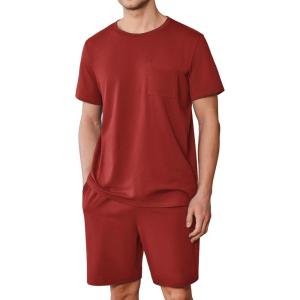 imageEkouaer Mens Pajamas Set Cotton Short Sleeve Sleepwear 2 Piece Pj Sets for Men Soft Nightwear with Pockets SXXLWine Red