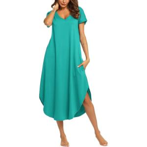 imageEkouaer Nightgowns for Women V Neck Nightshirts Short Sleeve Soft Sleepwear Side Split Pockets Long NightdressAqua Green