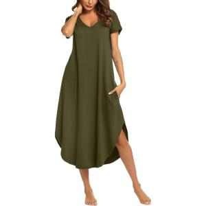 imageEkouaer Nightgowns for Women V Neck Nightshirts Short Sleeve Soft Sleepwear Side Split Pockets Long NightdressArmy Green