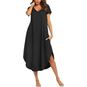 imageEkouaer Nightgowns for Women V Neck Nightshirts Short Sleeve Soft Sleepwear Side Split Pockets Long NightdressBlack