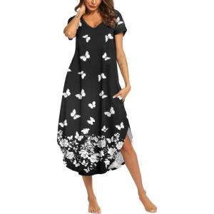 imageEkouaer Nightgowns for Women V Neck Nightshirts Short Sleeve Soft Sleepwear Side Split Pockets Long NightdressBlack Butterfly