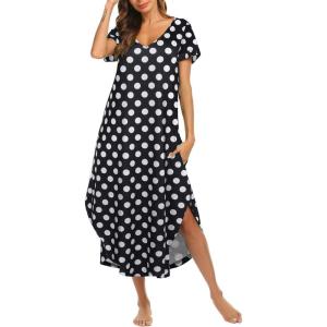 imageEkouaer Nightgowns for Women V Neck Nightshirts Short Sleeve Soft Sleepwear Side Split Pockets Long NightdressBlack Dots