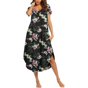 imageEkouaer Nightgowns for Women V Neck Nightshirts Short Sleeve Soft Sleepwear Side Split Pockets Long NightdressBlack Red Floral