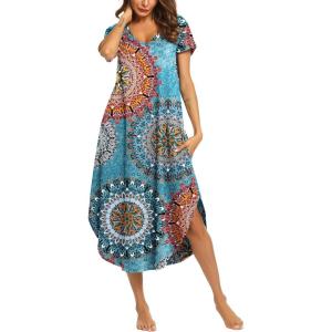 imageEkouaer Nightgowns for Women V Neck Nightshirts Short Sleeve Soft Sleepwear Side Split Pockets Long NightdressBlue Circle
