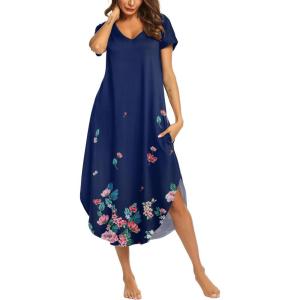 imageEkouaer Nightgowns for Women V Neck Nightshirts Short Sleeve Soft Sleepwear Side Split Pockets Long NightdressBlue Flower