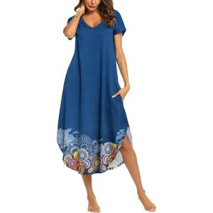 imageEkouaer Nightgowns for Women V Neck Nightshirts Short Sleeve Soft Sleepwear Side Split Pockets Long NightdressBlue Positioned Circle