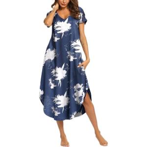 imageEkouaer Nightgowns for Women V Neck Nightshirts Short Sleeve Soft Sleepwear Side Split Pockets Long NightdressBlue Tie Dye