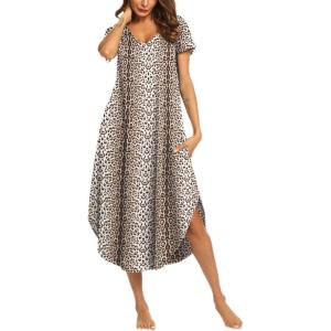 imageEkouaer Nightgowns for Women V Neck Nightshirts Short Sleeve Soft Sleepwear Side Split Pockets Long NightdressBrown Leopard