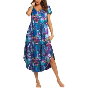 imageEkouaer Nightgowns for Women V Neck Nightshirts Short Sleeve Soft Sleepwear Side Split Pockets Long NightdressDark Blue Tie Dye
