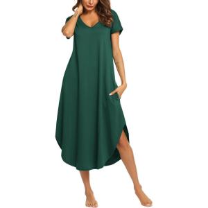 imageEkouaer Nightgowns for Women V Neck Nightshirts Short Sleeve Soft Sleepwear Side Split Pockets Long NightdressDark Green