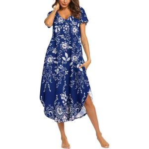 imageEkouaer Nightgowns for Women V Neck Nightshirts Short Sleeve Soft Sleepwear Side Split Pockets Long NightdressEvening Blue Vines