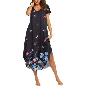 imageEkouaer Nightgowns for Women V Neck Nightshirts Short Sleeve Soft Sleepwear Side Split Pockets Long NightdressFlower Butterfly