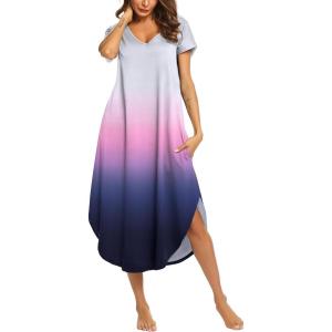 imageEkouaer Nightgowns for Women V Neck Nightshirts Short Sleeve Soft Sleepwear Side Split Pockets Long NightdressGradients Tie Dye