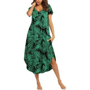 imageEkouaer Nightgowns for Women V Neck Nightshirts Short Sleeve Soft Sleepwear Side Split Pockets Long NightdressGreen Leaf