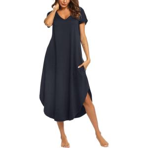 imageEkouaer Nightgowns for Women V Neck Nightshirts Short Sleeve Soft Sleepwear Side Split Pockets Long NightdressNavy