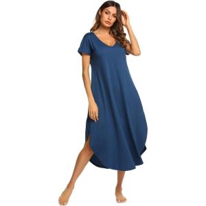 imageEkouaer Nightgowns for Women V Neck Nightshirts Short Sleeve Soft Sleepwear Side Split Pockets Long NightdressNavy Blue