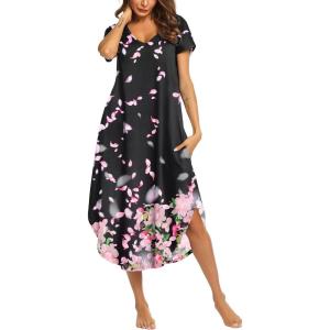 imageEkouaer Nightgowns for Women V Neck Nightshirts Short Sleeve Soft Sleepwear Side Split Pockets Long NightdressPink Flower