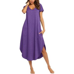 imageEkouaer Nightgowns for Women V Neck Nightshirts Short Sleeve Soft Sleepwear Side Split Pockets Long NightdressPurple