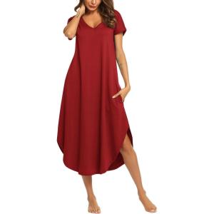 imageEkouaer Nightgowns for Women V Neck Nightshirts Short Sleeve Soft Sleepwear Side Split Pockets Long NightdressRed