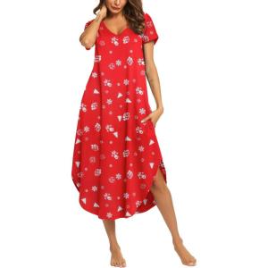 imageEkouaer Nightgowns for Women V Neck Nightshirts Short Sleeve Soft Sleepwear Side Split Pockets Long NightdressRed Christmas