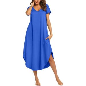 imageEkouaer Nightgowns for Women V Neck Nightshirts Short Sleeve Soft Sleepwear Side Split Pockets Long NightdressSnorkel Blue