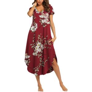 imageEkouaer Nightgowns for Women V Neck Nightshirts Short Sleeve Soft Sleepwear Side Split Pockets Long NightdressWine Red Floral