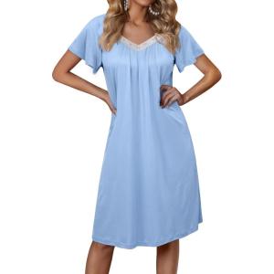 imageEkouaer Womens Nightgown Lace Trim Sleep Shirt Flare Short Sleeve Nightshirt Pleated Nightdress V Neck Pajama DressClear Blue