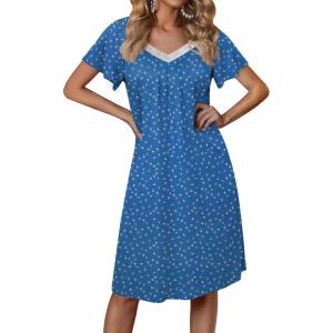 imageEkouaer Womens Nightgown Lace Trim Sleep Shirt Flare Short Sleeve Nightshirt Pleated Nightdress V Neck Pajama DressDog Paws Blue