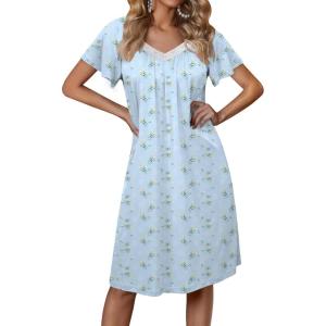 imageEkouaer Womens Nightgown Lace Trim Sleep Shirt Flare Short Sleeve Nightshirt Pleated Nightdress V Neck Pajama DressFloral Blue