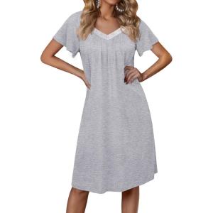 imageEkouaer Womens Nightgown Lace Trim Sleep Shirt Flare Short Sleeve Nightshirt Pleated Nightdress V Neck Pajama DressLight Grey