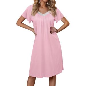 imageEkouaer Womens Nightgown Lace Trim Sleep Shirt Flare Short Sleeve Nightshirt Pleated Nightdress V Neck Pajama DressMisty Rose