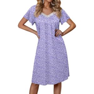 imageEkouaer Womens Nightgown Lace Trim Sleep Shirt Flare Short Sleeve Nightshirt Pleated Nightdress V Neck Pajama DressPurple Floral