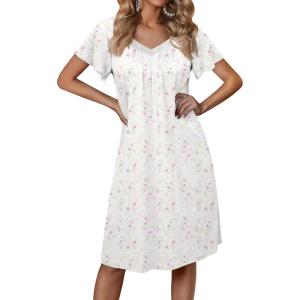 imageEkouaer Womens Nightgown Lace Trim Sleep Shirt Flare Short Sleeve Nightshirt Pleated Nightdress V Neck Pajama DressWhite Pink Flower