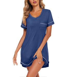 imageEkouaer Womens Nightgowns for Women Short Sleeves V Neck Sleepwear Plus Size Sleepshirt Short Nightshirt Tshirts Dress SXXLBlue