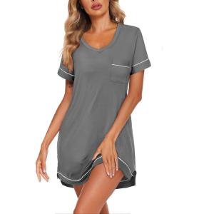 imageEkouaer Womens Nightgowns for Women Short Sleeves V Neck Sleepwear Plus Size Sleepshirt Short Nightshirt Tshirts Dress SXXLDark Grey